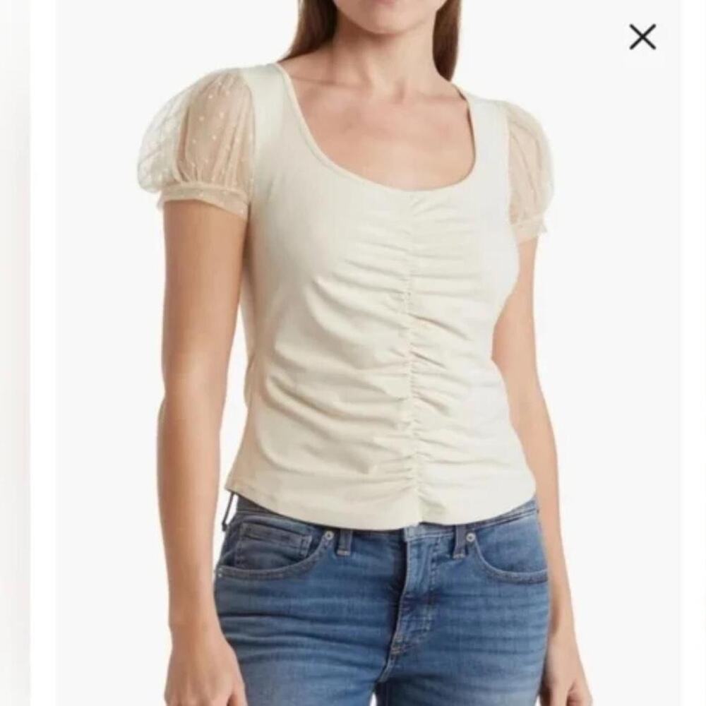 Free People Cream Ruched Puff Sleeve Top Size Medium